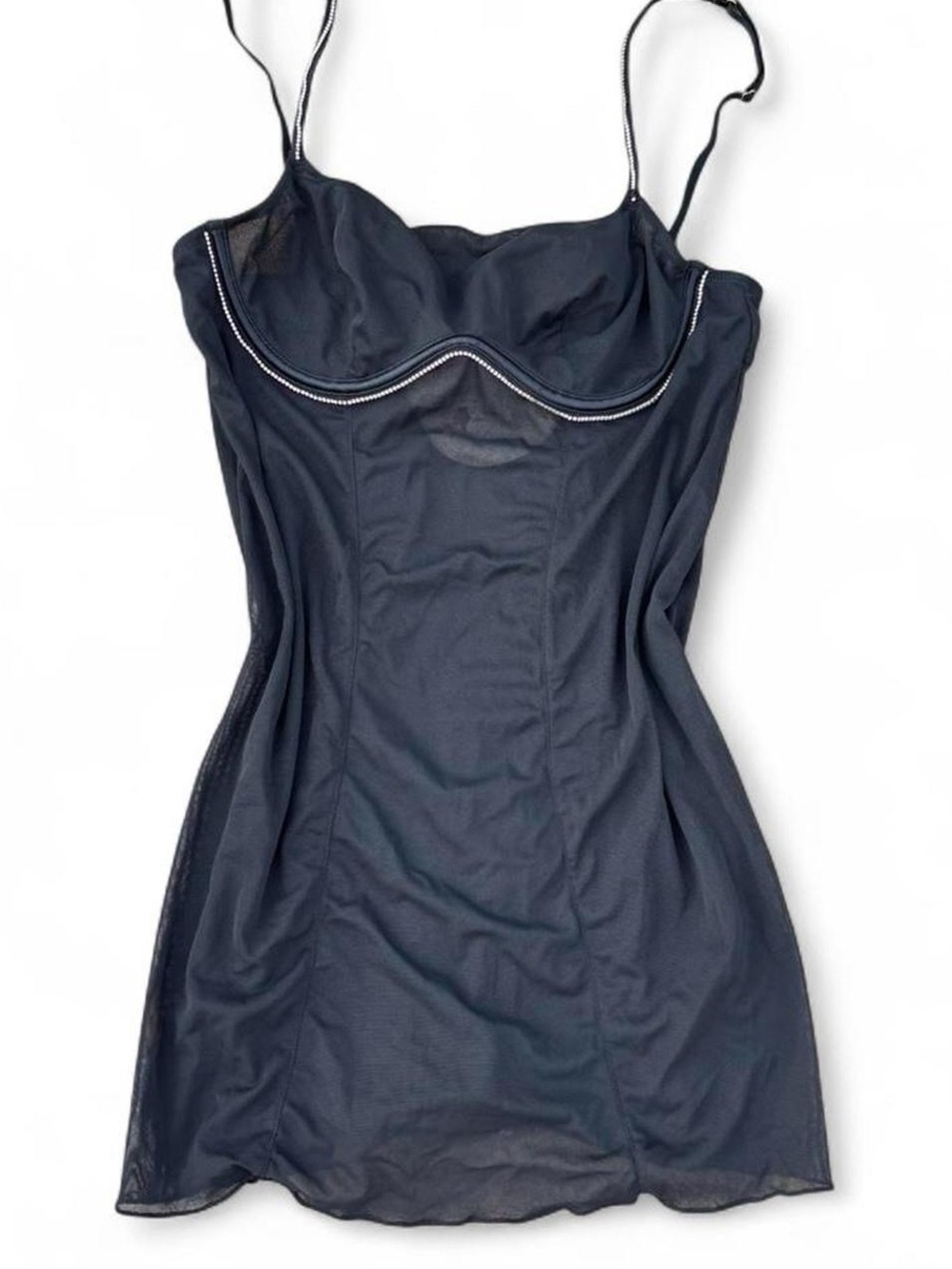 Sheer Black Slip Dress Nightgown with Rhinestone Trim